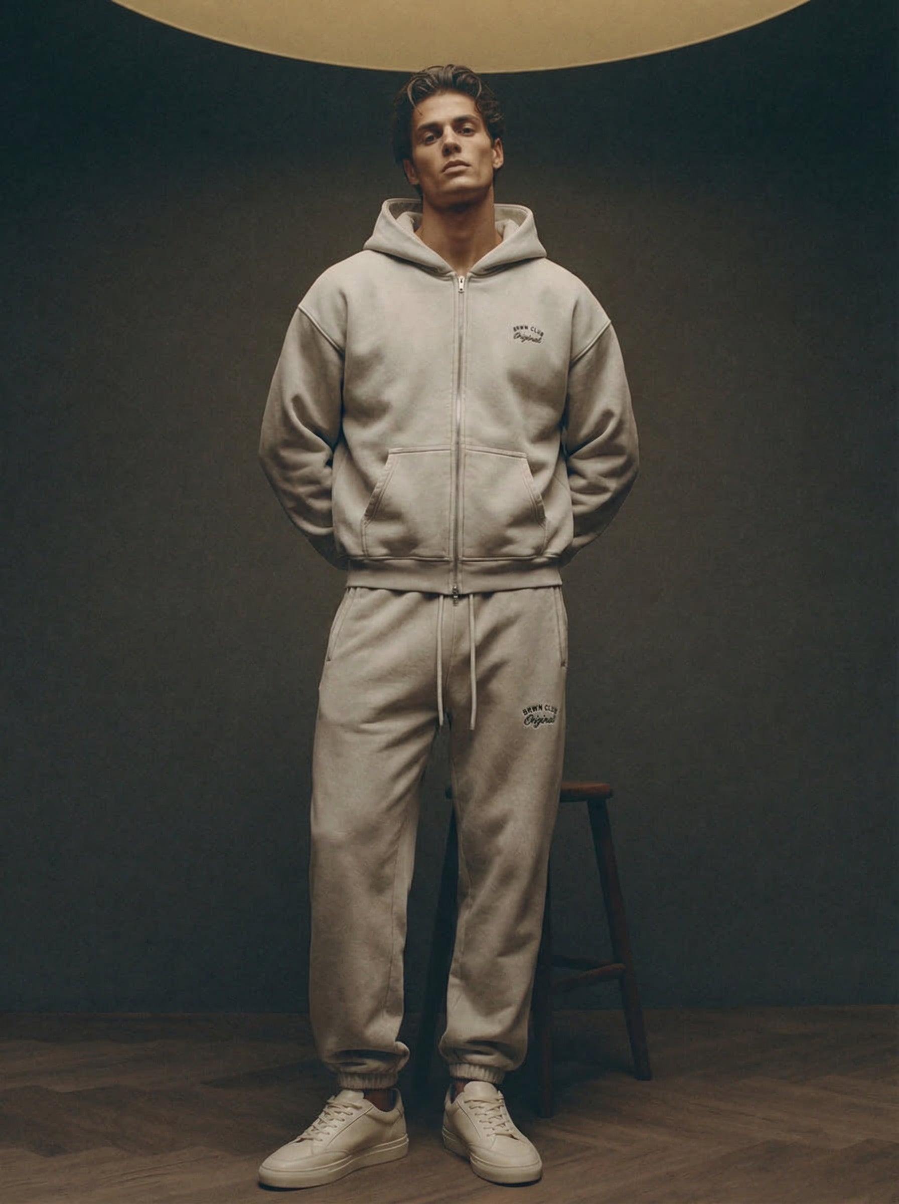 Originals Zip-Through Boxy Fleece Hoodie — moody editorial with joggers