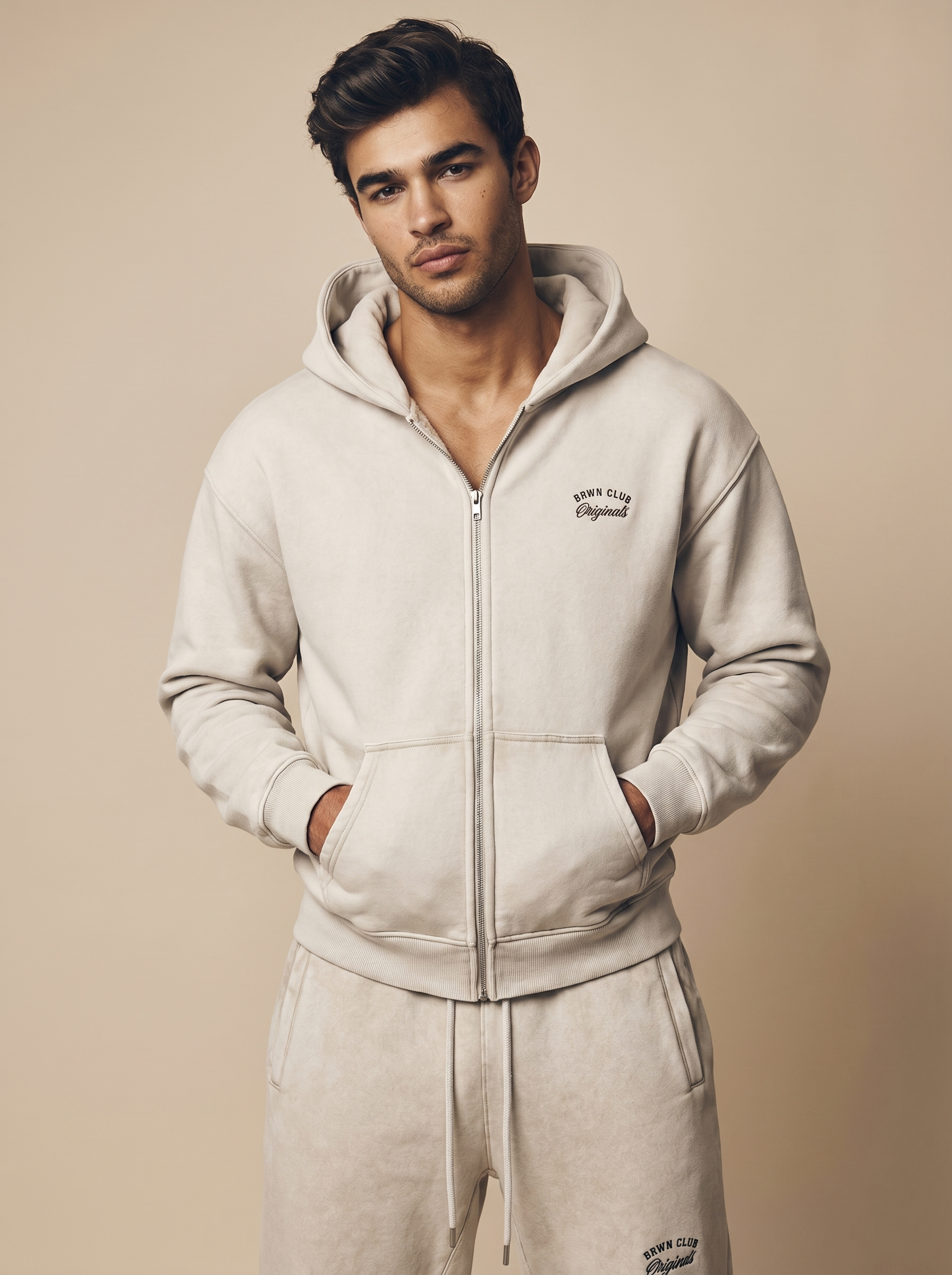 Originals Zip-Through Boxy Fleece Hoodie — front close-up, Stone Beige