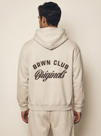 Originals Zip-Through Boxy Fleece Hoodie — back view, Stone Beige