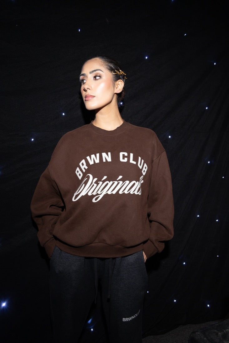 BRWN CLUB runway Look 08 The Originals Sweatshirt Look espresso crewneck and dark bottoms